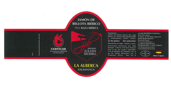 Jamón de Bellota Ibérico 75% raza Ibérica D.O. Guijuelo Cortado a Cuchillo de Julián Becerro (5 sobres de 100g)